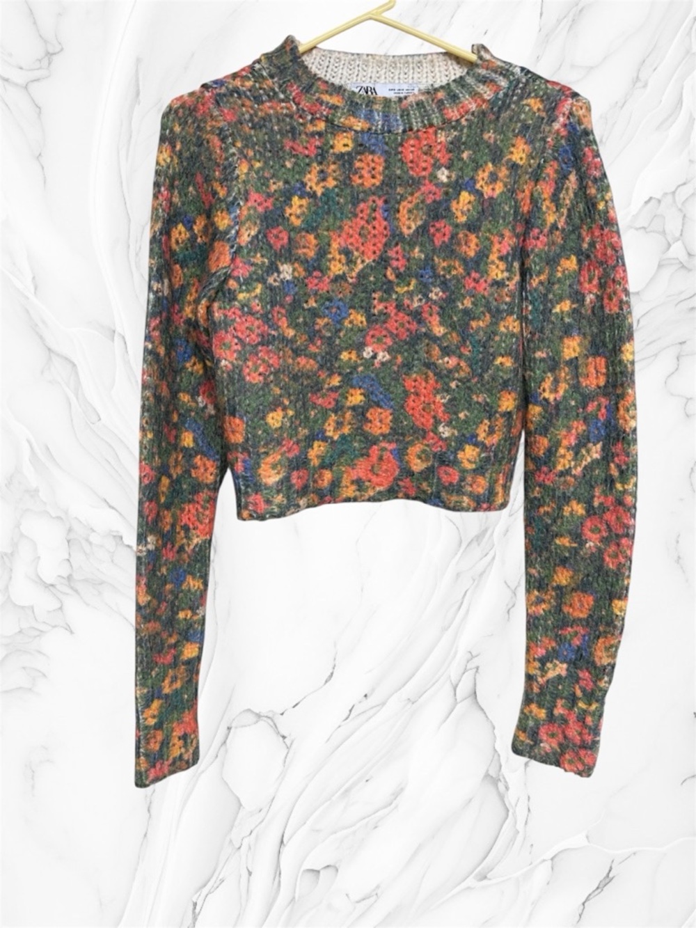 Zara multicolor Floral Knit Cropped Sweater size small
